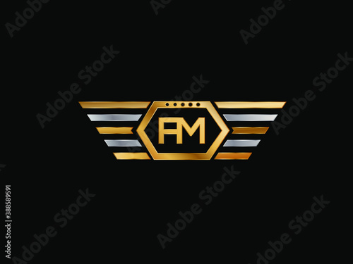 FM wing shape Initial logo letter design art logo, gold color on black background