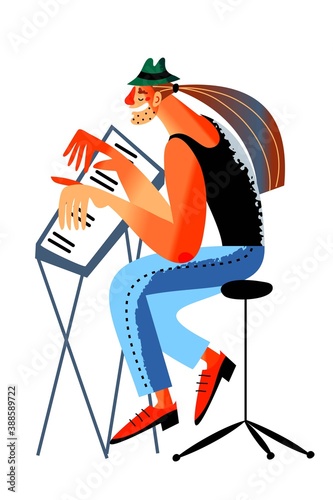 Man playing rock music on piano at concert show. Musician pianist player at modern festival. Popular entertainment scene vector illustration. Male rockstar on white background