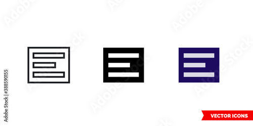 Align text left icon of 3 types color, black and white, outline. Isolated vector sign symbol.