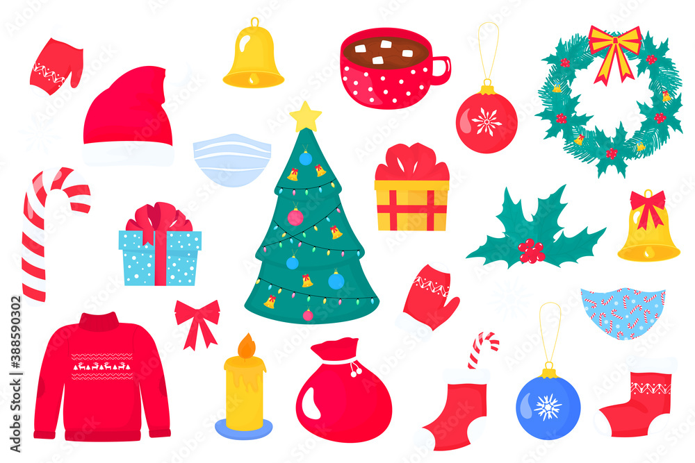 Christmas and New Year's clipart. Santa's hat, bag and socks. A garland with bells and mistletoe. A cup of cocoa with marshmallows. Candle, gifts, lollipop Christmas and New Year's clipart. Santa's hat, bag and socks. A garland with bells and mistletoe. A cup of cocoa with marshmallows. Candle, gifts, lollipop
