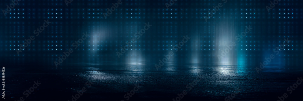 Dark street, wet asphalt, reflections of rays in the water. Abstract dark blue background, smoke, smog. Empty dark scene, neon light, spotlights. Concrete floor