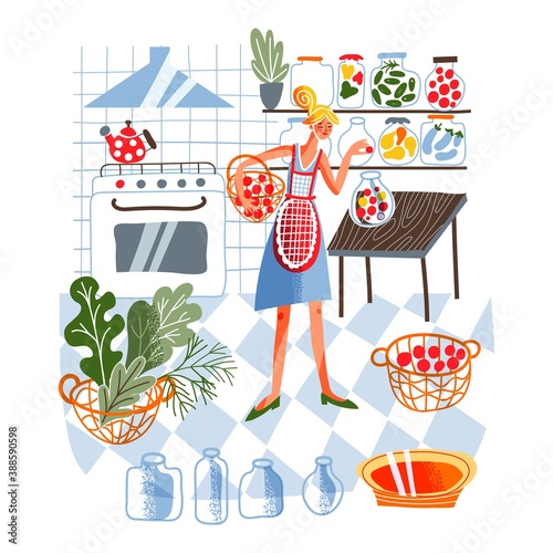 Woman preparing food in jars and cans at home. Girl making jam from fruit and putting vegetables in cans at house kitchen. Homemade summer products for storage vector illustration