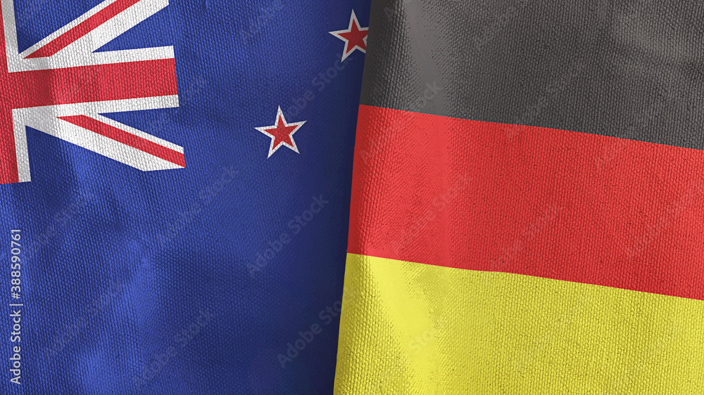 Germany and New Zealand two flags textile cloth 3D rendering