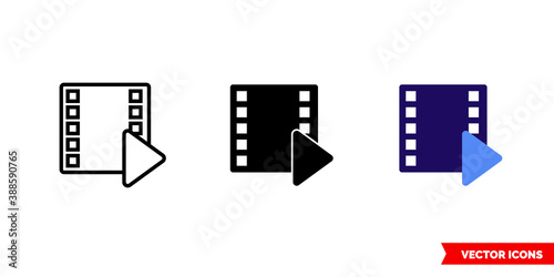 Cinema film play icon of 3 types color, black and white, outline. Isolated vector sign symbol.