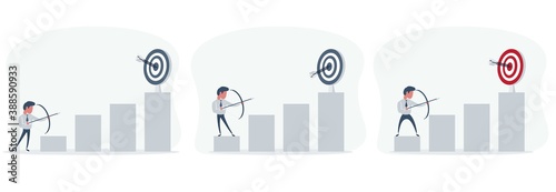 Businessman shooting a bow and arrow, it is a sign of progress a business sales is going up. Growing business concept. Stock flat vector illustration.