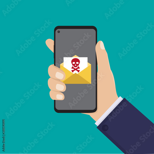 hand hold smart phone and phishing message icon, flat design vector illustration