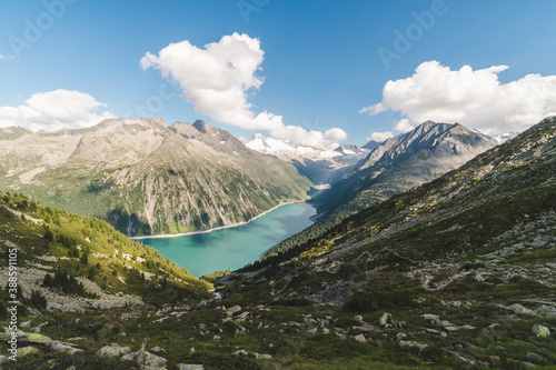 Beautiful view of Lake Schlegeis in the Austrian Alps during the summer, touristic vacation destination in Europe © icephotography