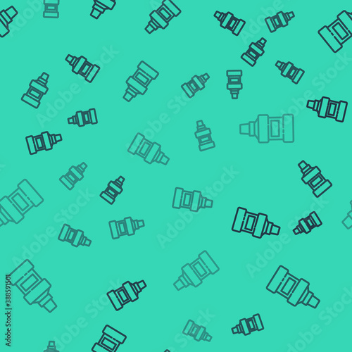 Black line Mouthwash plastic bottle and glass icon isolated seamless pattern on green background. Liquid for rinsing mouth. Oralcare equipment. Vector.