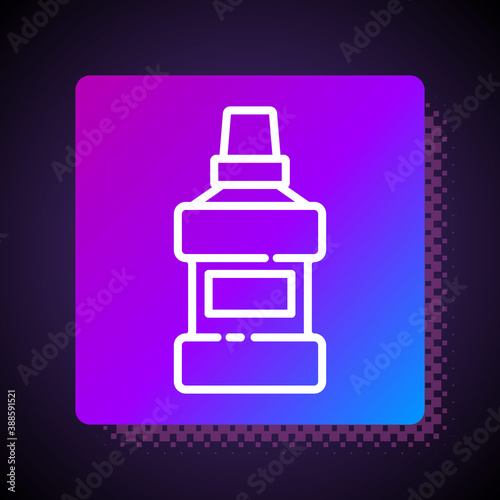 White line Mouthwash plastic bottle and glass icon isolated on black background. Liquid for rinsing mouth. Oralcare equipment. Square color button. Vector.