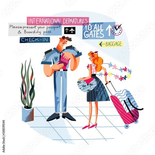 Airport security check-in. Male police officer checking passport and boarding pass of woman with suitcase at checkpoint at departure. Airplane guard inspection vector illustration