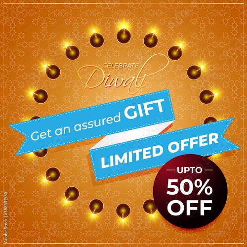 Diwali Festive Season Sale banner, up to 50% cashback. Limited offer Dipawali, Indian festival, diya lamp, oil lamp, get an assured gift, vector illustration offer banner, advertisement