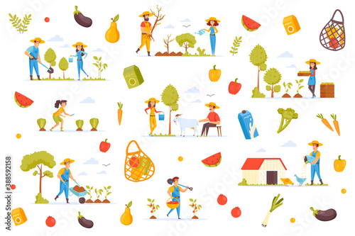 Organic production bundle of flat scenes. Farmers planting trees, gathering harvest isolated set. Fruits, vegetables, farm animals, orchard elements. Agricultural workers cartoon vector illustration.