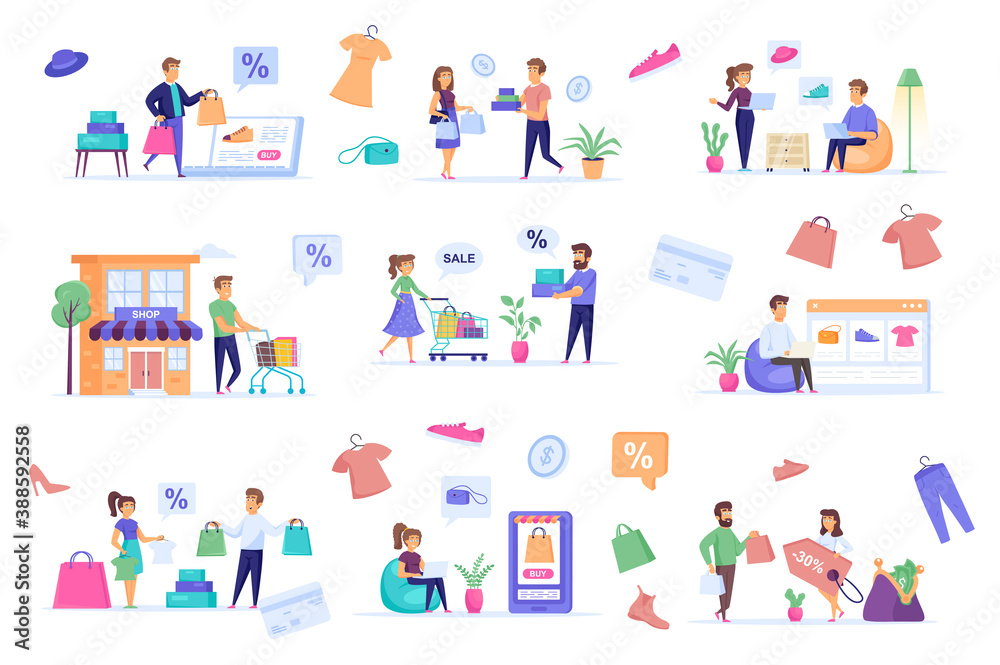 Shopping people bundle of flat scenes. Offer discounts in shop isolated set. Store website, bags, shoes, clothes, shoppers with purchases elements. Online marketplace cartoon vector illustration.