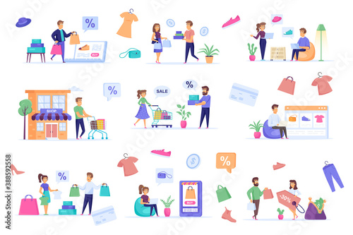 Shopping people bundle of flat scenes. Offer discounts in shop isolated set. Store website, bags, shoes, clothes, shoppers with purchases elements. Online marketplace cartoon vector illustration.
