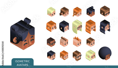 Flat isometric vector set. Avatars of men and women. Different haircuts, hairstyles, skin and hair color. Piercing, glasses and earrings design element. Face icons.