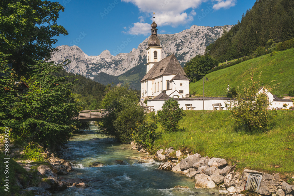 Naklejka premium Beautiful view of church of St Sebastian in the summer, Bavarian Alps, South Germany