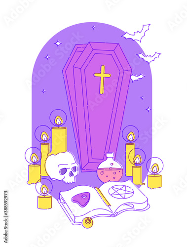 Set of witches. Magical potions, a witchcraft book with an ouija arrow, candles, a skull, bats fly out of a coffin. Flat vector illustration. Outline stroke is not expanded.