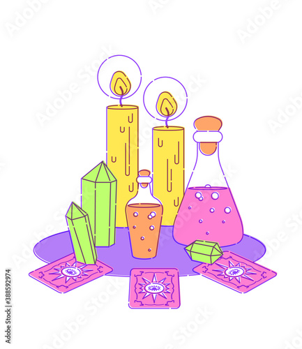 Set for witches magic ritual. Witchcraft around candles, crystals, and bottles of potion and poison. Flat vector illustration. Outline stroke is not expanded.