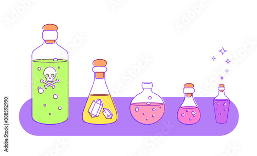 Wallpaper Mural Set for witches magic ritual. Five different potion and poison bottles. Flat vector illustration. Outline stroke is not expanded. Torontodigital.ca