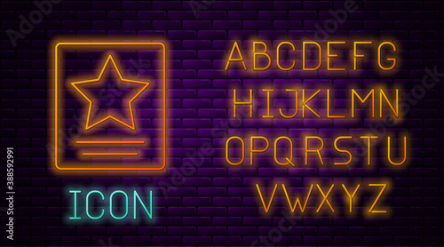 Glowing neon line Hollywood walk of fame star on celebrity boulevard icon isolated on brick wall background. Famous sidewalk, boulevard actor. Neon light alphabet. Vector.