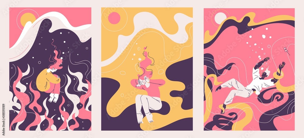 Concept illustrations about depression and mental problems. Vector outline collection with people drown in the sea of sadness. Pink, yellow and purple colors