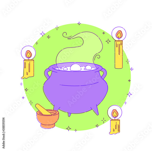 Set for witches magic ritual. A potion is brewed in a cauldron, a mortar and candles are nearby. Flat vector illustration. Outline stroke is not expanded.