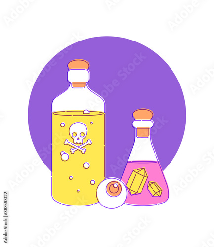 Set for witches magic ritual. Witchcraft around candles, crystals, and bottles of potion and poison. Flat vector illustration. Outline stroke is not expanded.