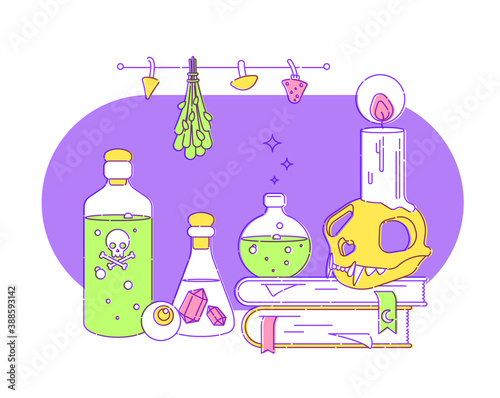 Set of witches. Magic potions, witching books, candles, skulls, decoctions, dried mushrooms and herbs. Flat vector illustration. Outline stroke is not expanded.