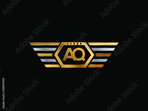 AQ wing shape Initial logo letter design art logo, gold color on black background