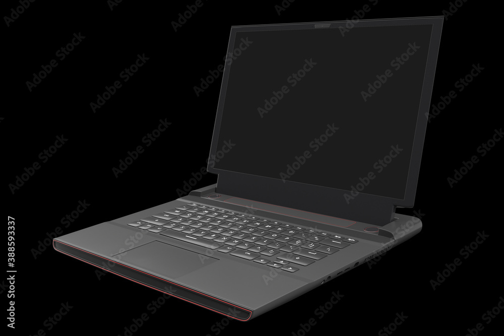 3d rendering of modern gaming laptop with rgb lights isolated on black 3d rendering of modern gaming laptop with rgb lights isolated on black