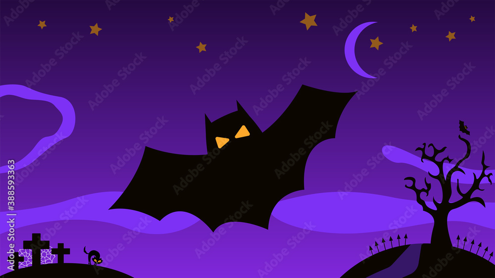 Flat vector black bat illustration design for Halloween holiday banner with graves and gradient.
