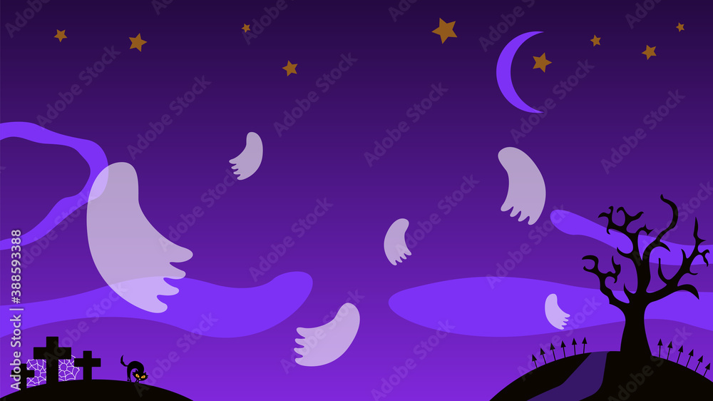 Violet vector flat Halloween background banner design with ghosts and graves.