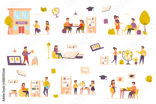Distance learning bundle of flat scenes. Self education isolated set. student, library, globe, bookshelf, furniture, school building, pupil, laptop elements. Reading books cartoon vector illustration.