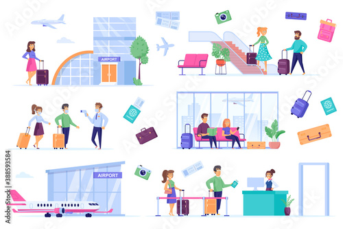 Airport bundle of flat scenes. Airplane boarding isolated set. Tourist with luggage, airport terminal, jet plane, departure lounge, security check elements. Air traveling cartoon vector illustration.