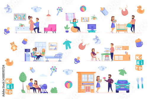 Pregnancy bundle of flat scenes. Everyday life during pregnancy and after childbirth isolated set. Doctors exam, sports exercising, maternity hospital, walking in park. Cartoon vector illustration.