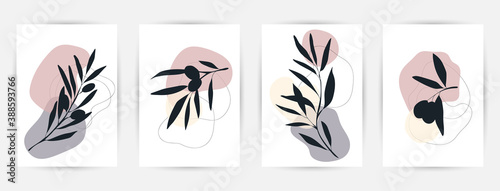 Modern abstract art backgrounds set with botanical leaves and abstract geometric shapes. Botanical wall art vector set. Art design for print  cover  wallpaper. Vector illustration