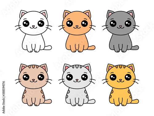 Cute cats set. Cartoon kawaii kitten characters collection. Six cats of different colors. Group of cats with various patterns. Isolated on white background. Vector illustration, flat, clip art. 