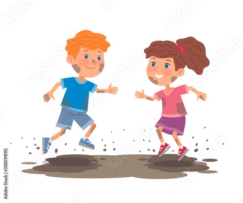 Bad kids plying in mud. Little boy and girl jumping in dirty mud puddle outdoor. Manners and behavior vector illustration. Choldren in dirty clothes isolated on white background
