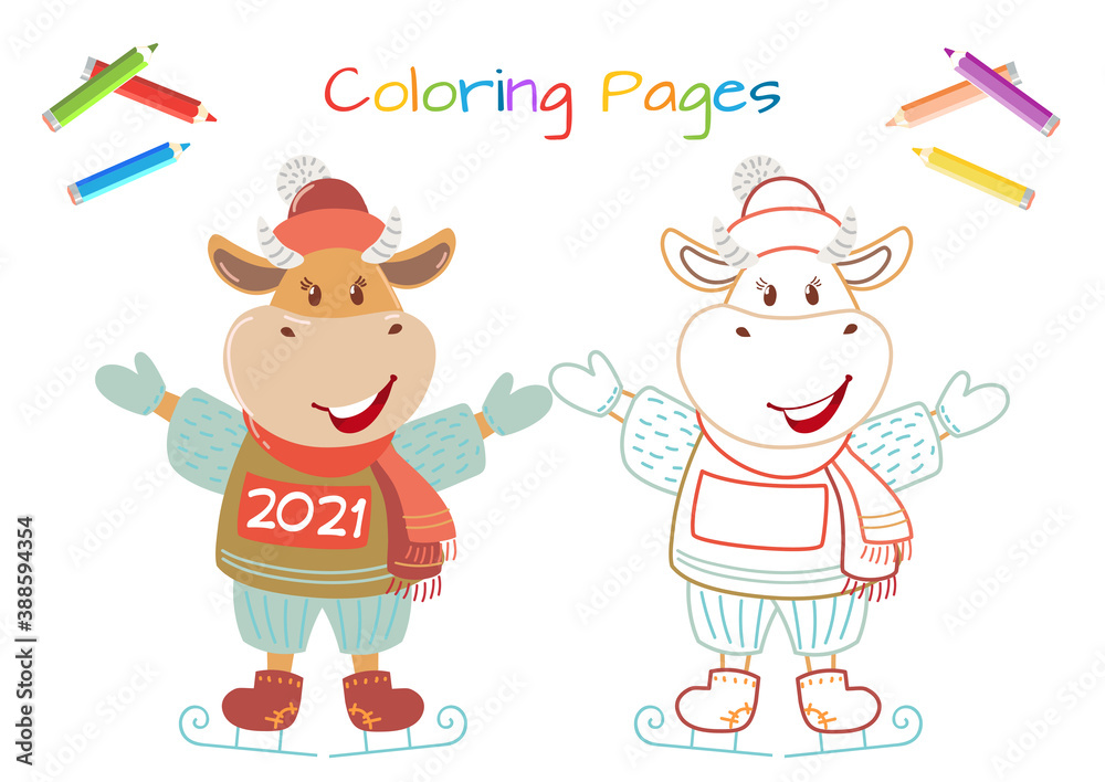 Cute cartoon cow. Vector illustration with bull, symbol of the Chinese new year 2021. Cow on ice. Coloring pages.