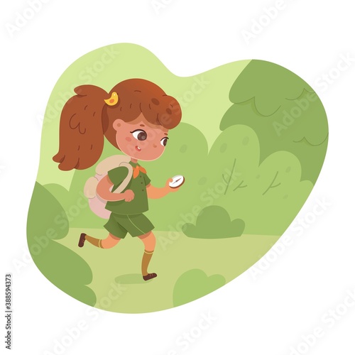 Kid with compass running in forest. Girl scout searching direction during camping trip. Outdoor adventure scene in summer holiday vector illustration. Little child with backpack