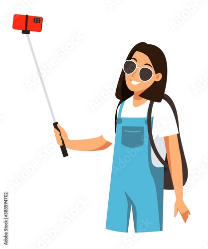 Travel blogger vlogging on phone. Young girl traveling and vlogging, creating video live isolated on white background. Creative online work vector. Woman holding phone on stick