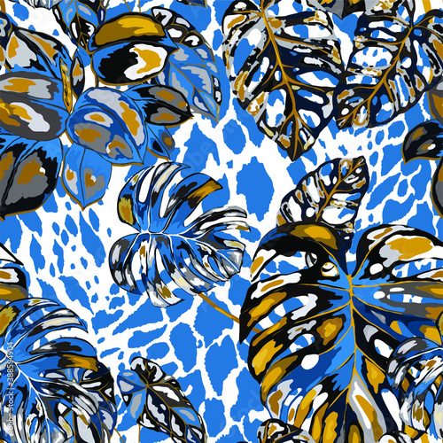 Tropical seamless pattern on animalistic texture. Jungle exotic summer print. Summer tropical leaf. Tropical flower fashion pattern. Floral tropic illustration. Vector seamless pattern.	