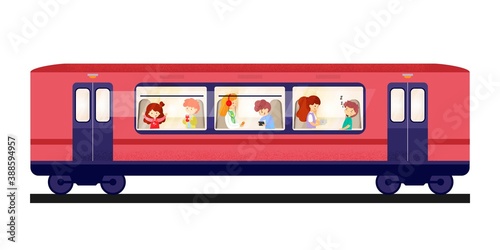 Train with children in windows traveling background. People moving in train. Country scene view with transport vector illustration. Boys and girls in carriage on white background