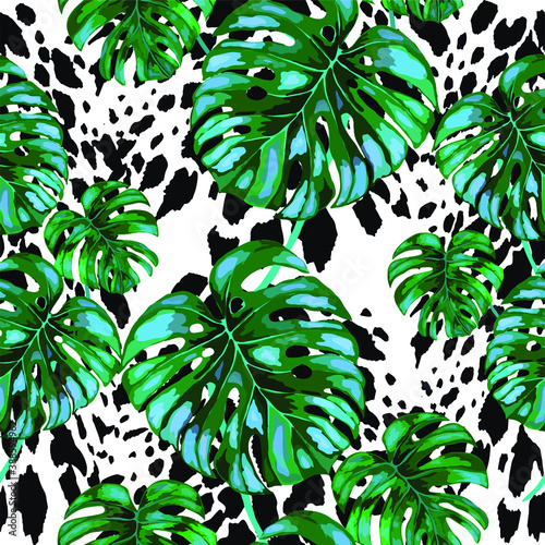 Tropical seamless pattern on animalistic texture. Jungle exotic summer print. Summer tropical leaf. Tropical flower fashion pattern. Floral tropic illustration. Vector seamless pattern.	