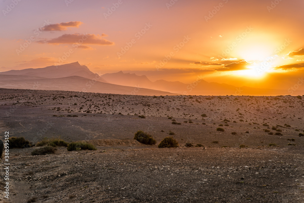 Volcanic desert sunset at the hills of Jandia