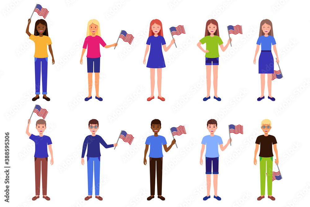 Vector cartoon set of illustrations with men and women who are holding the American flag
