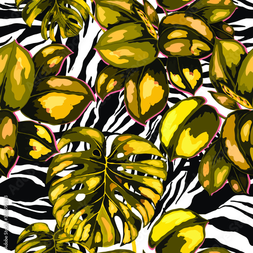 Tropical seamless pattern on animalistic texture. Jungle exotic summer print. Summer tropical leaf. Tropical flower fashion pattern. Floral tropic illustration. Vector seamless pattern.	