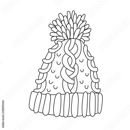 Nice knitted hat with a big pompom in doodle sketch style. Isolated black outline. Hand drawn vector illustration on white background. Cozy winter theme. Warm clothes.