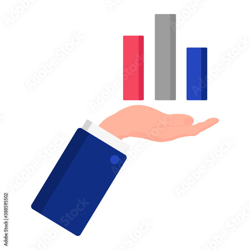 Vector cartoon illustration of a hand that shows a statistics chart isolated on a white background.