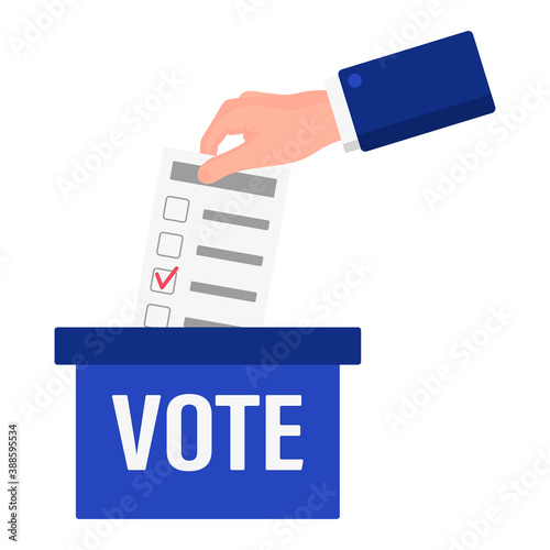 Vector cartoon illustration of a hand that puts a ballot paper inside a voting box isolated on a white background.